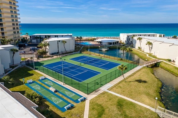 Aerial of Tennis Courts, Pickle Ball Courts, Shuffleboard, Pool, and Beach Access
