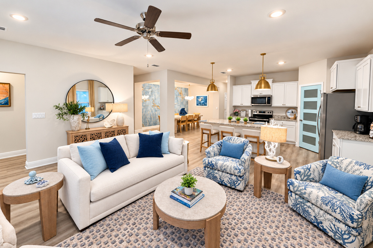 Bright, open-concept space connecting living, dining, and kitchen for seamless group gatherings.
