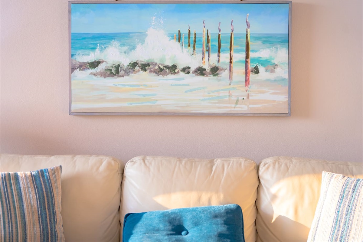 Huge open cozy living room with 70-inch LED Smart TV, Fireplace and Gulf Views