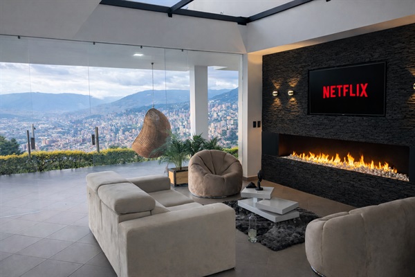 Fireplace w/ TV and as always an incredible view with a glass floor above you!