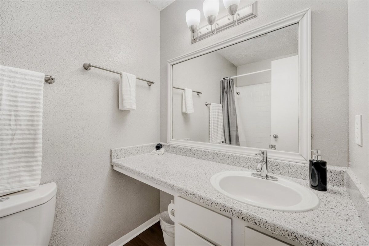 Bright and clean bathroom with modern fixtures and a sleek countertop.