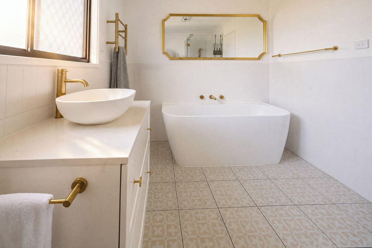 The bathroom at Luna’s Sanctuary features a freestanding bath, vanity, shower and brushed brass fittings for a comfortable daily routine.