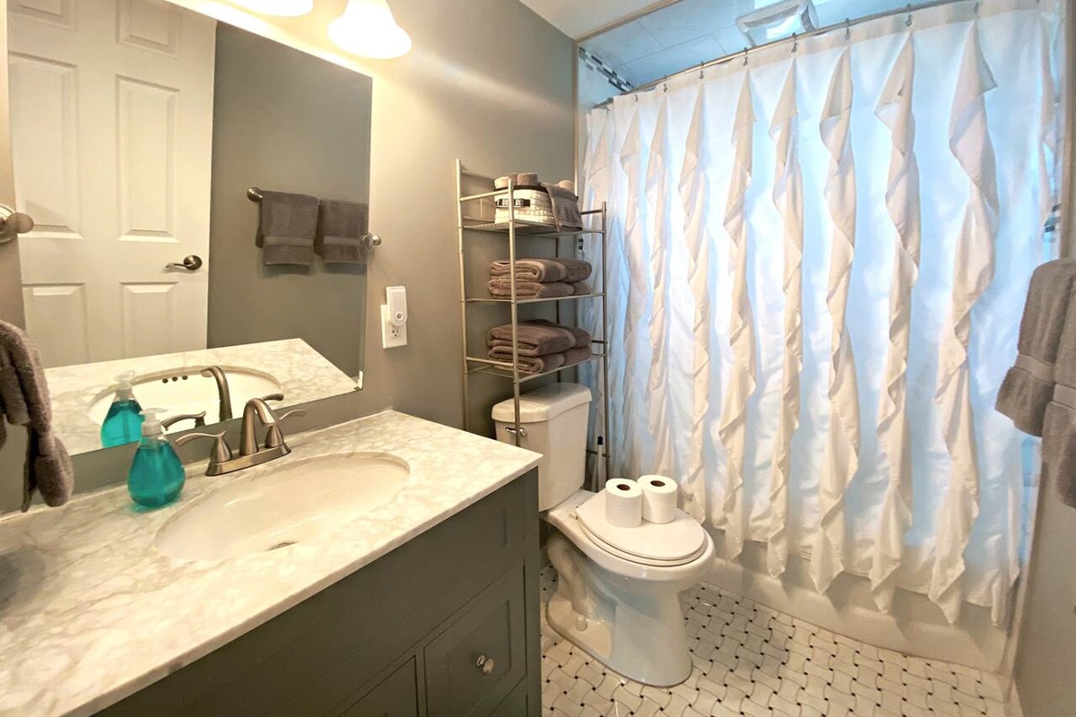 Luxury bathroom with marble top and custom tile inset shower and Ugg accessories.