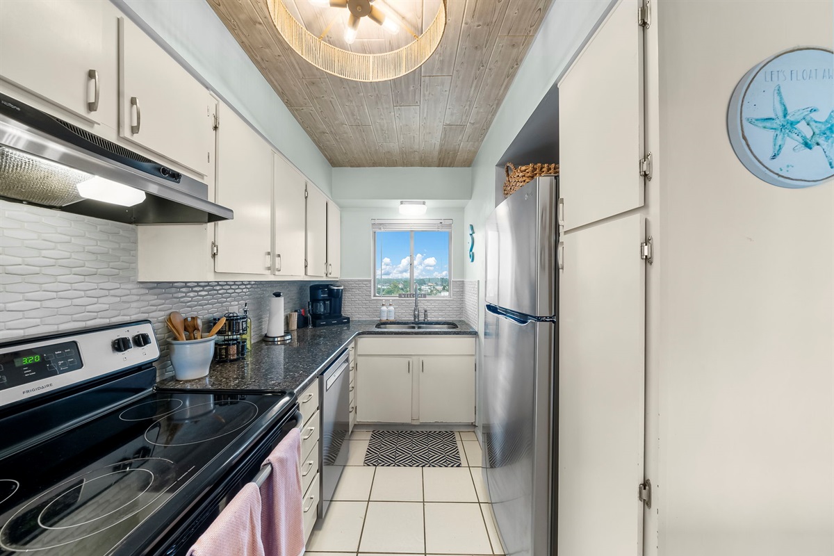 All stainless steel appliances, cooking utensils, oil, spice rack, salt and pepper shaker are provided.