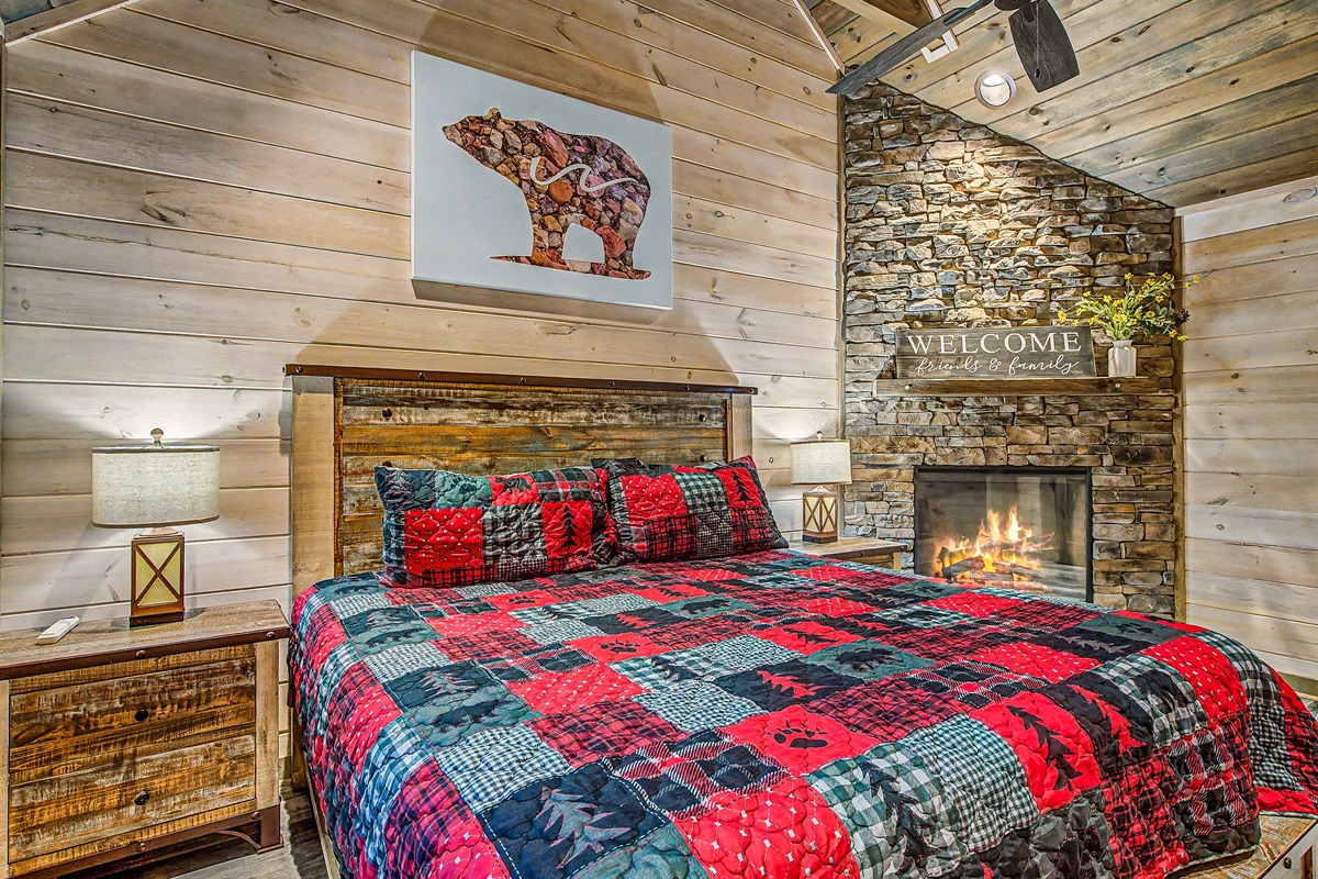 Upstairs: Bedroom 4 with King Bed with Roku TV and Electric Fireplace