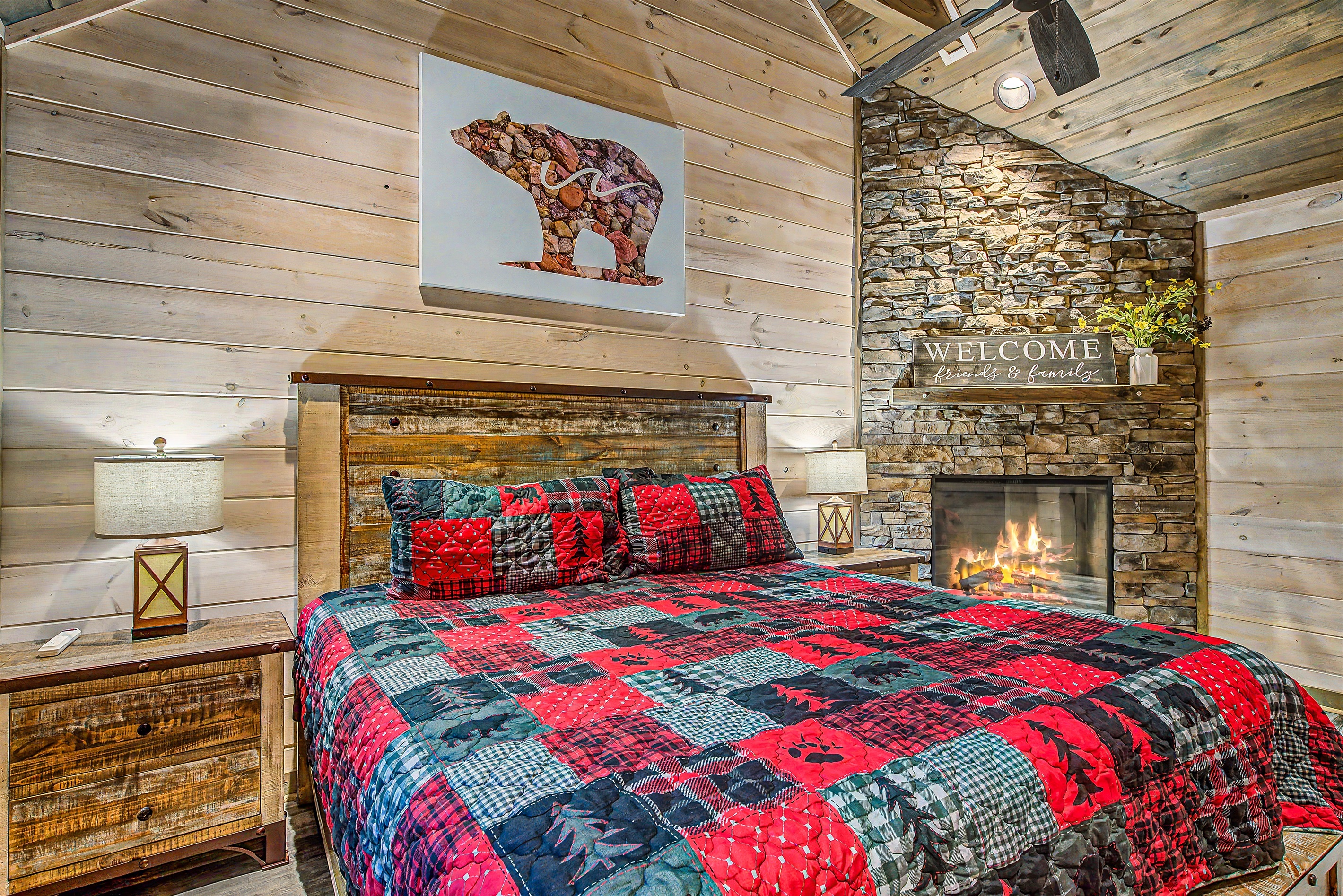 Upstairs: Bedroom 4 with King Bed with Roku TV and Electric Fireplace