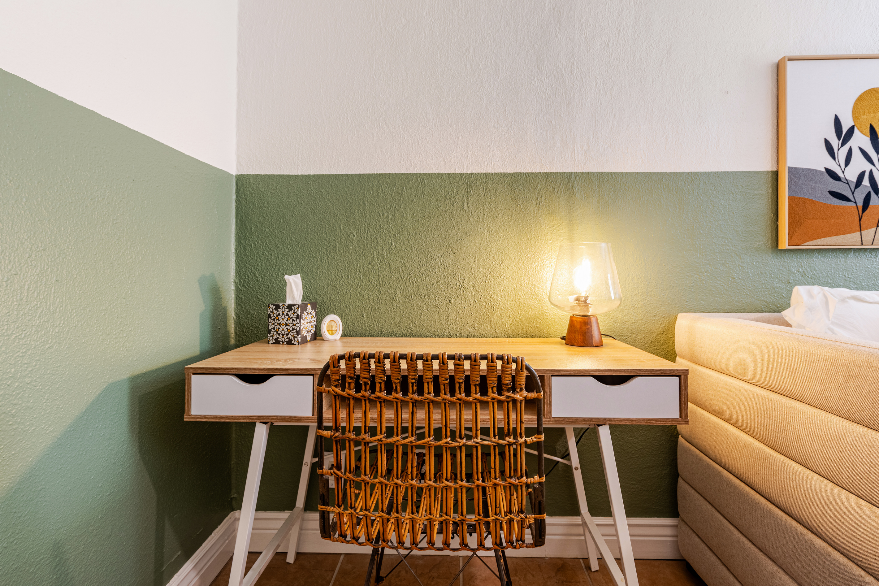 Bright desk space with charming decor and a warm glow perfect for creativity!