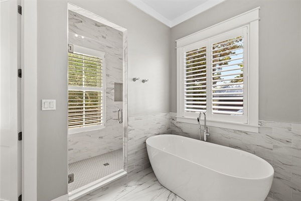 Tub and shower in primary bathroom