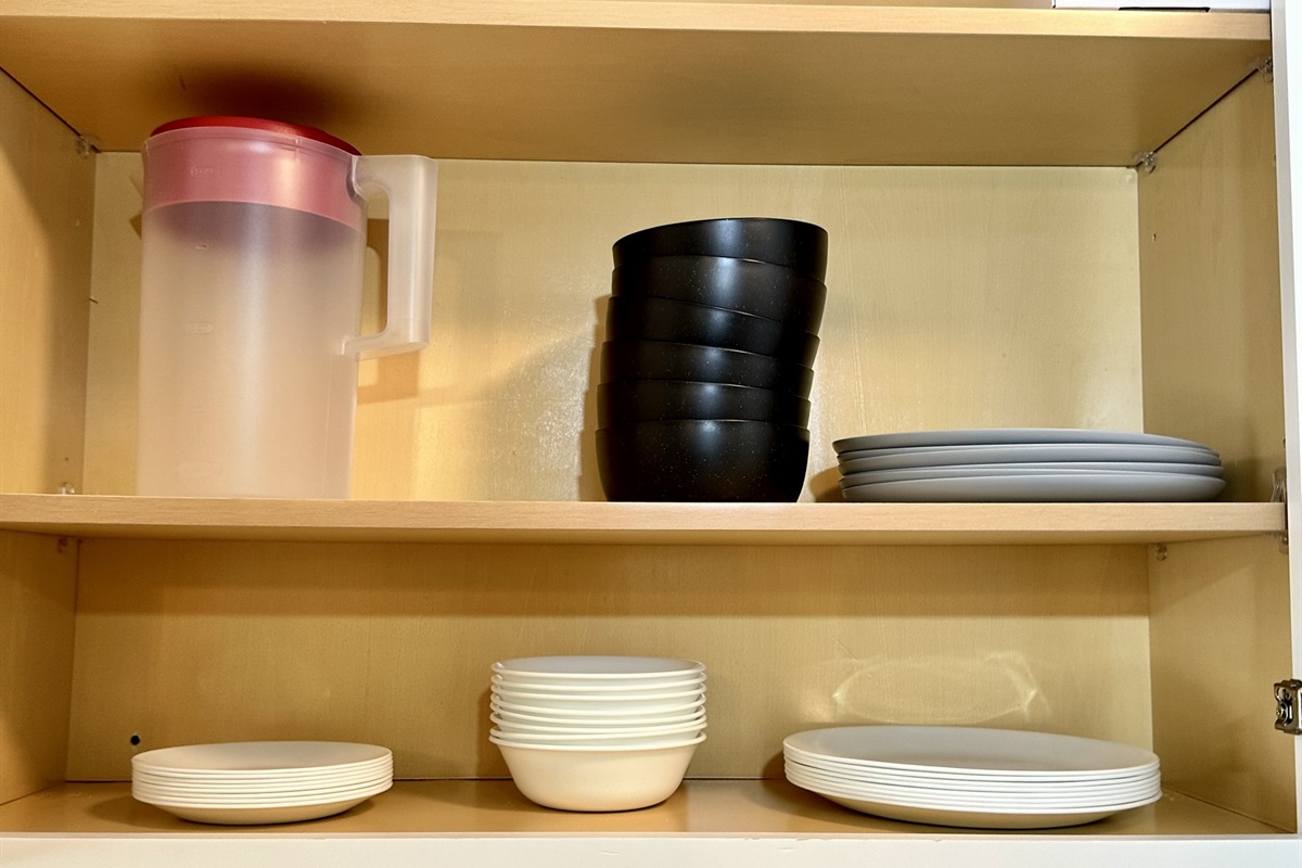Correlle plate/bowls and a set of sturdy plastic bowls and plates