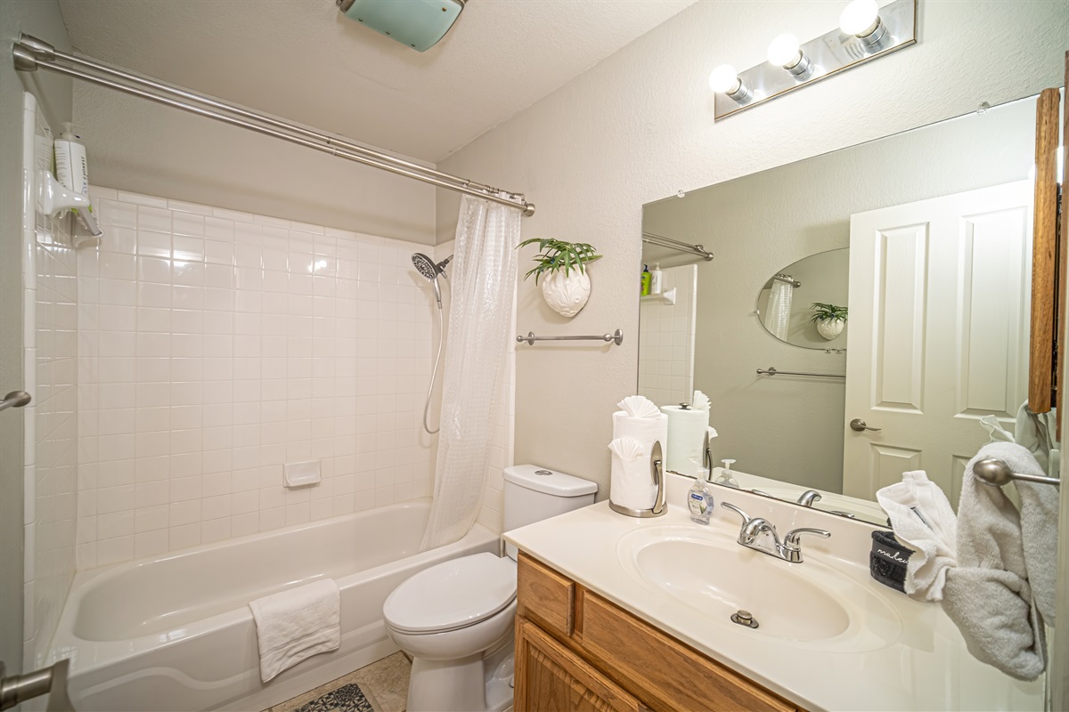 2nd BR conveniently nested between the front 2 rooms. Blow dryers, childproof cabinet locks, disposable hand towels & color coded bath towels for guests safety and convenience. Feeling adventurous? Squatty Potty upon request.