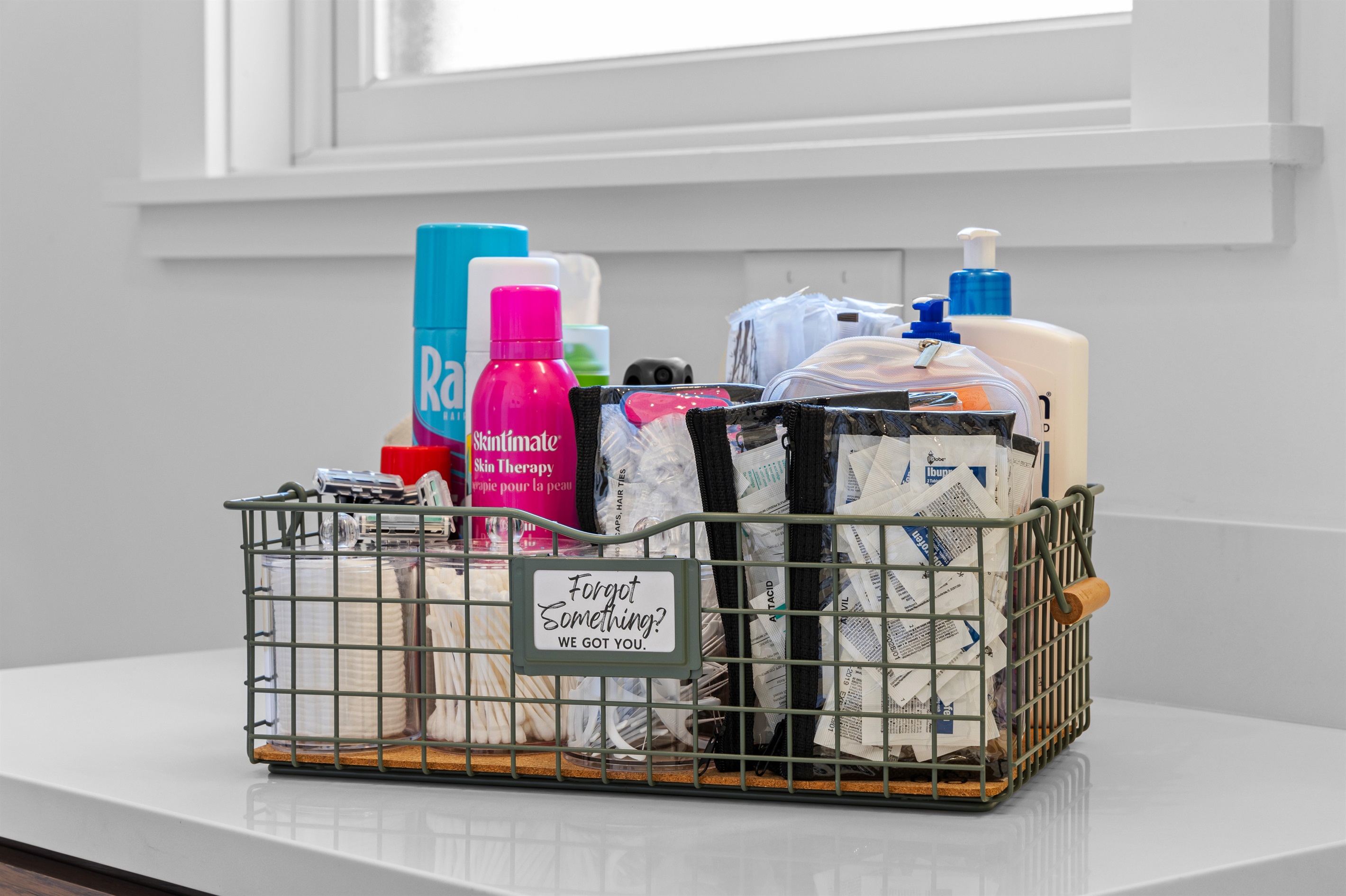 Forgot something?” basket stocked with travel essentials... just in case!