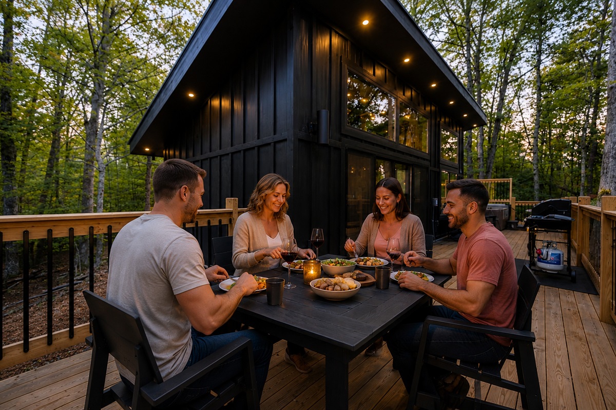 Each cabin has outdoor seating for 4