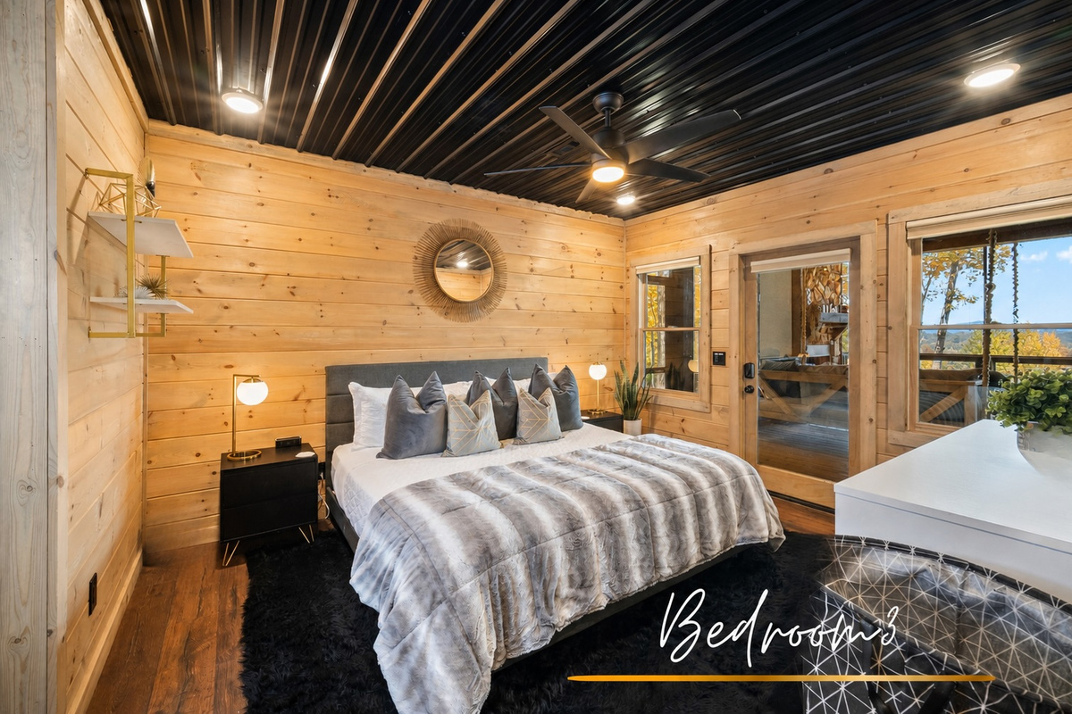 Cozy wood tones and plush bedding make this bedroom a tranquil retreat.