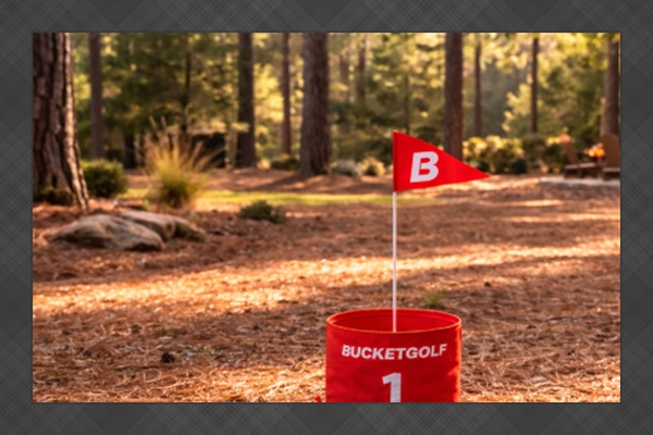 Backyard BucketGolf under the pines for casual outdoor fun.