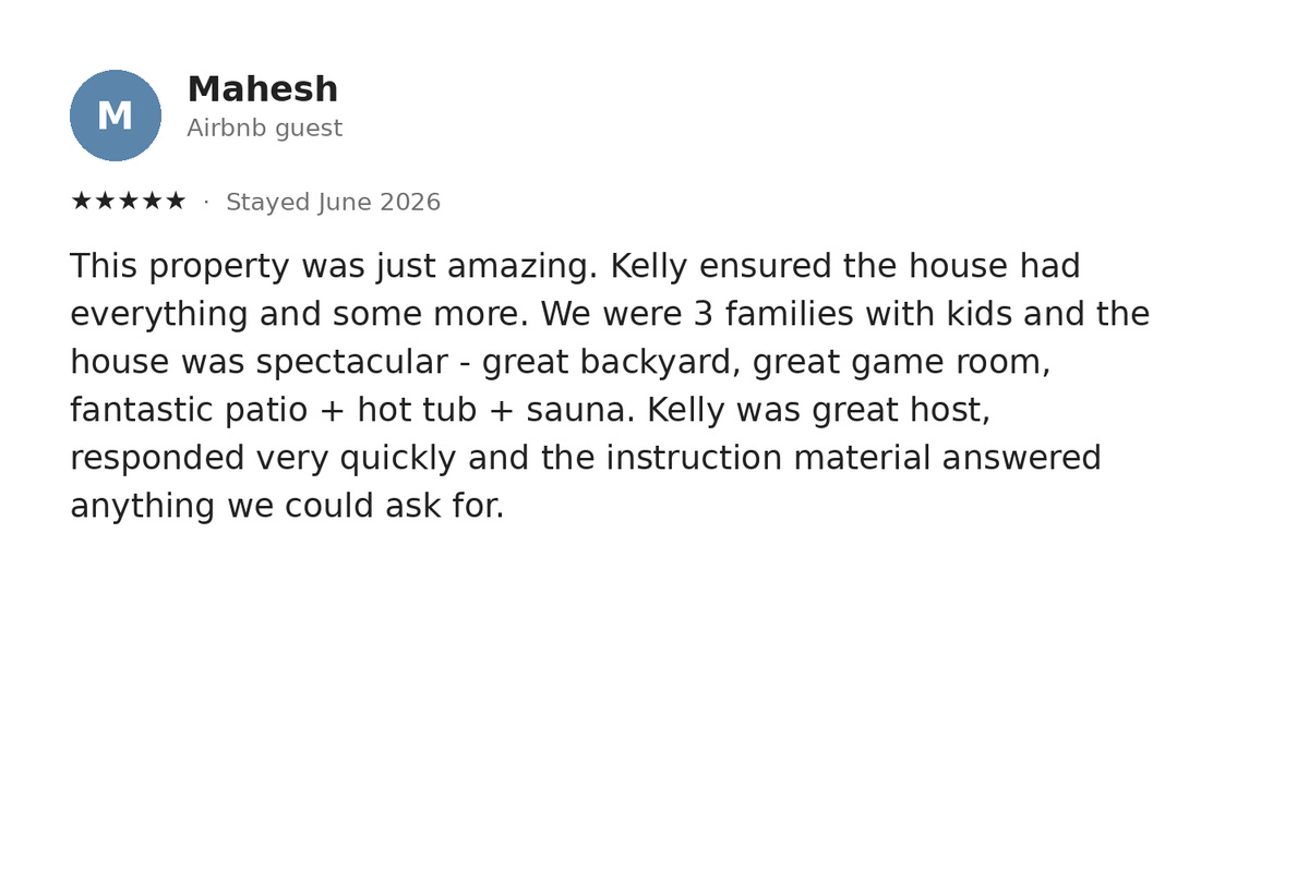 A real five-star guest review — one of 100+ at 4.99 stars.