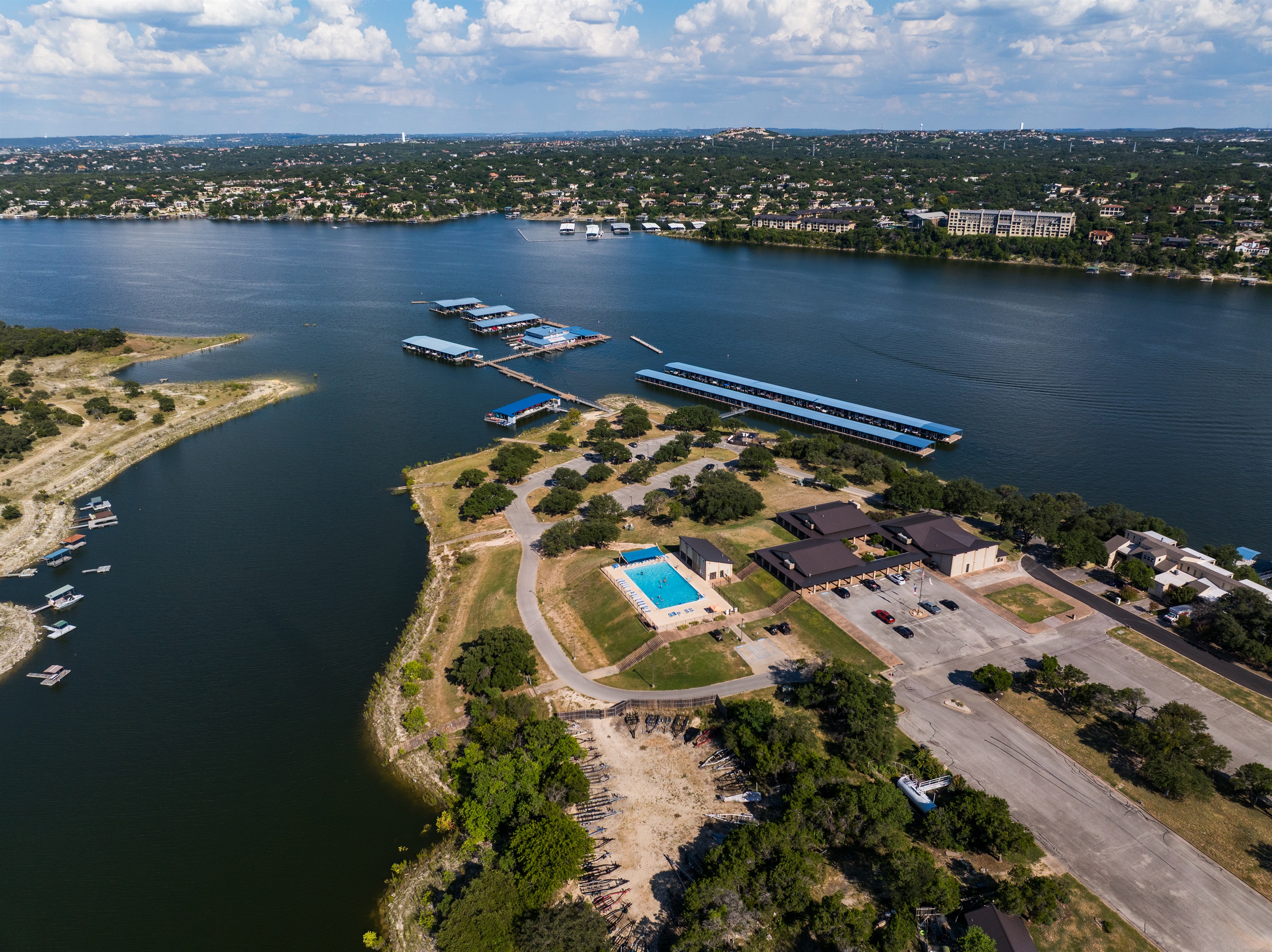 Junior Olympic-size pool located next to the gym and library, just up the hill from Captain Pete’s floating restaurant. Guest key Card required for access.