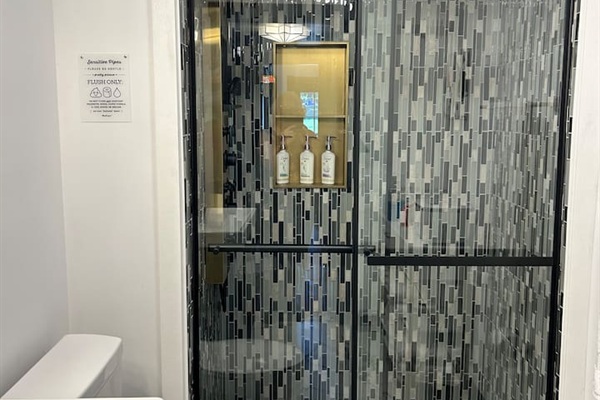 Shower tower, Fully tiled shower, sliding glass doors, dove products. Lather, rinse, repeat…enjoy!