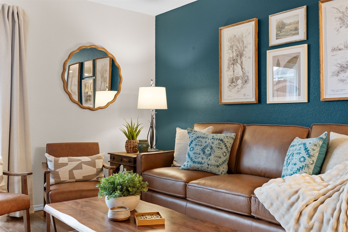 Cozy living room with leather seating