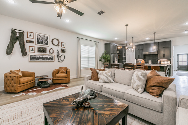 Open floor plan with living area and kitchen