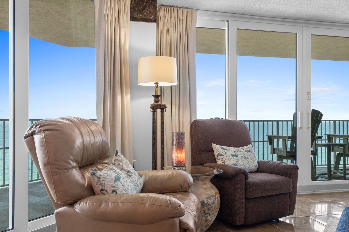 Living area with panoramic balcony and Gulf views