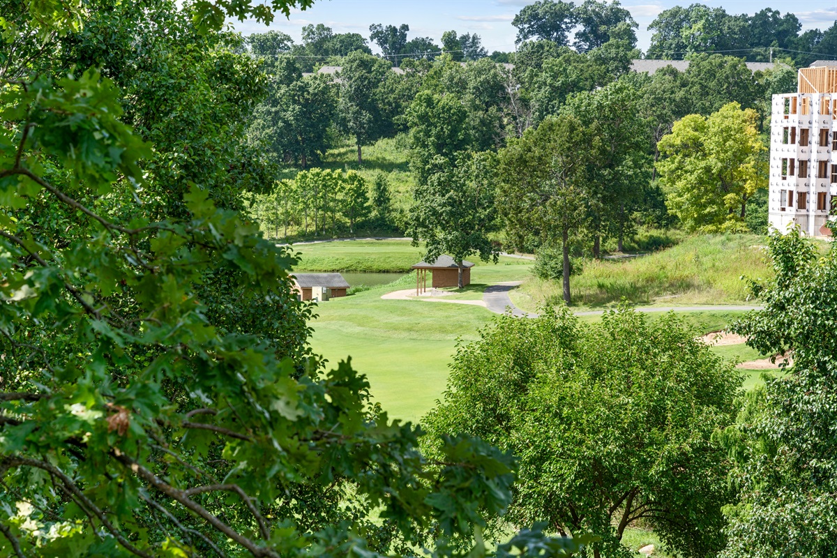 🌳 Peek through the trees for a tranquil view of the golf course — perfect with your morning coffee.