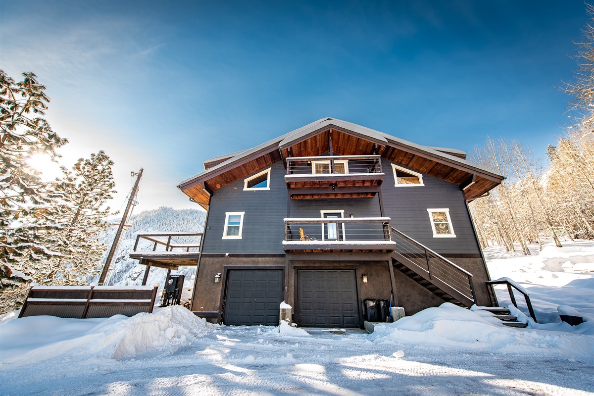 Winter views - front of the home; garage is available to guests