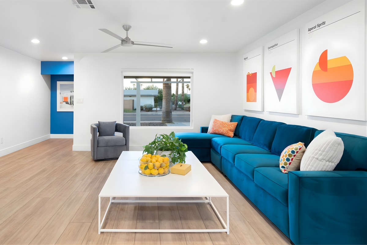 The spacious living room has a great setup for game night