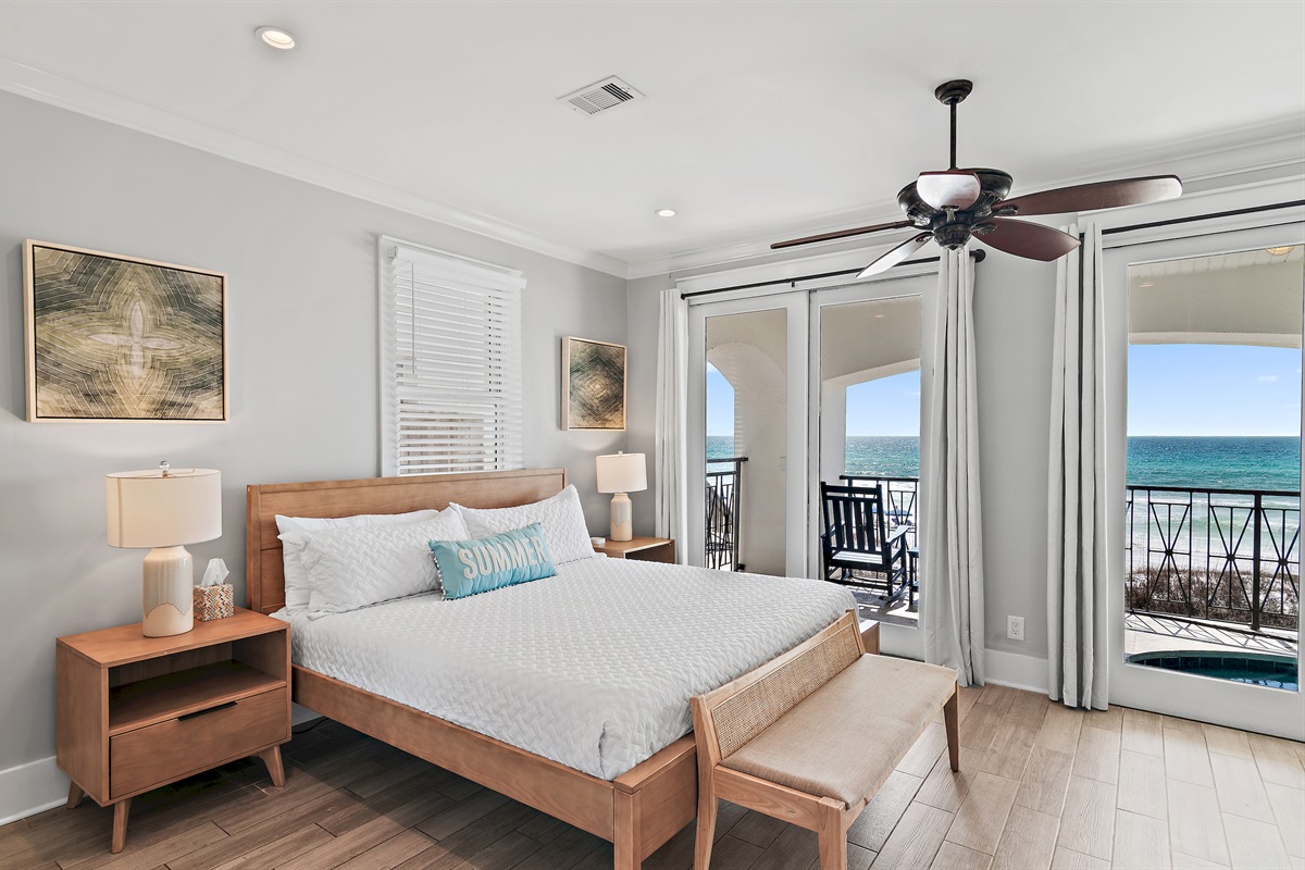 Frangista Sunset's 1st Floor - Bedroom 4: Second Master with KING bed, ensuite bathroom with shower/tub combo, Gulf Views, balcony access, Smart TV, Twin Rolling Bed upon request (Sleeps 3)