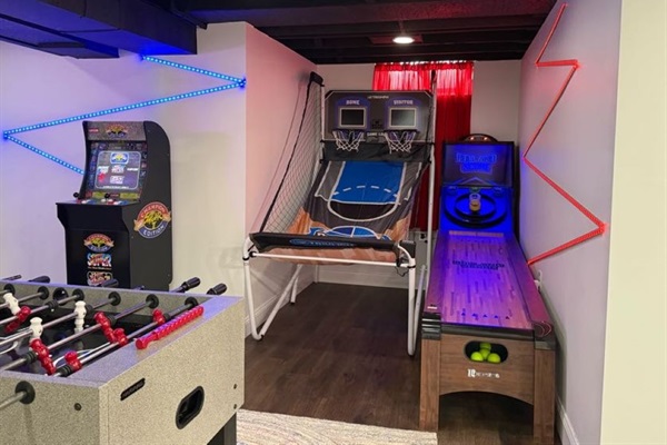 Arcade with Pac Man, Street Fighter, Skeeball, Pop a Shot and Foosball