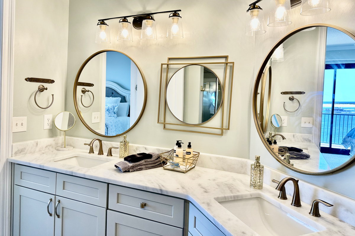 Our master bath has new cabinets, new quartz, new lighting, new mirrors...so gorgeous!