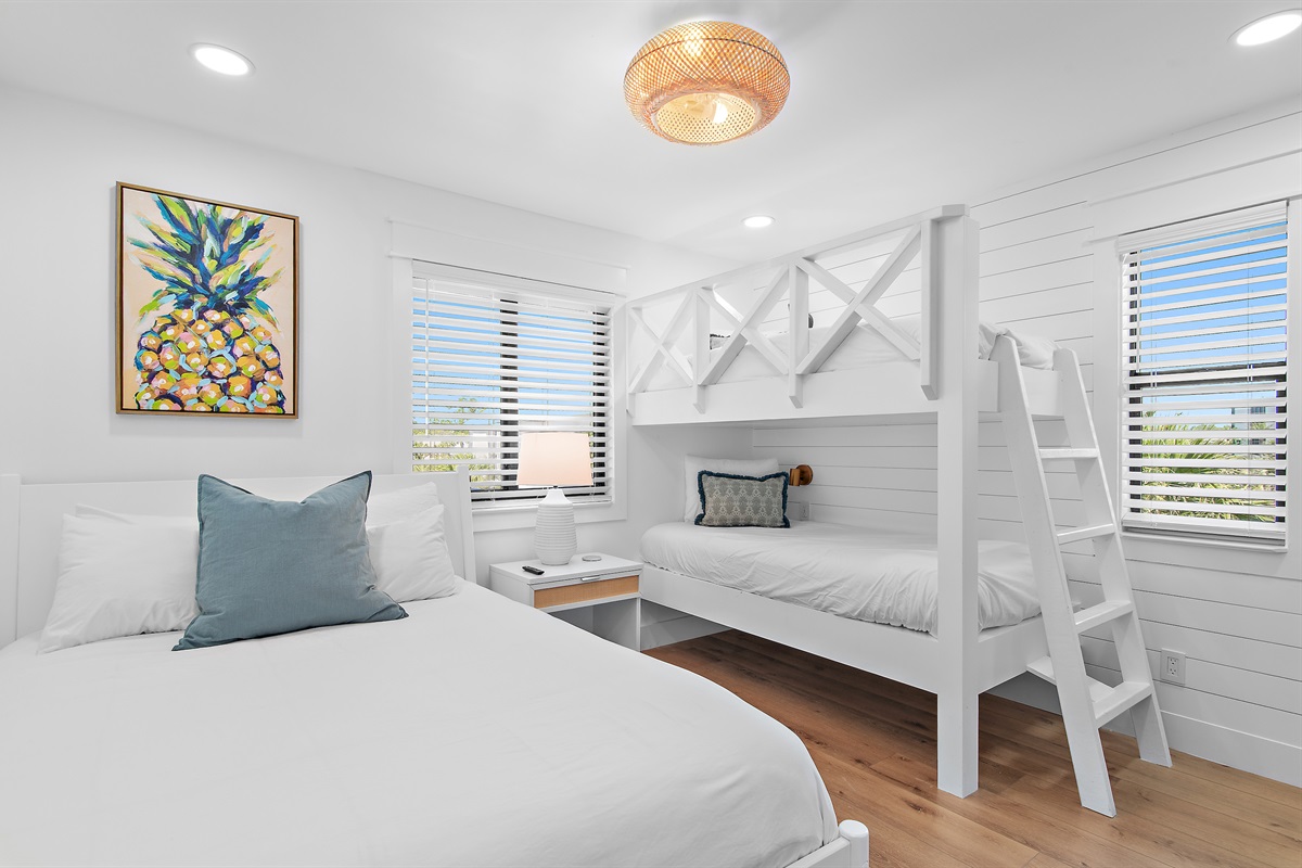 Sleep four comfortably with a queen bed, bunk beds, and your favorite shows on the smart TV.