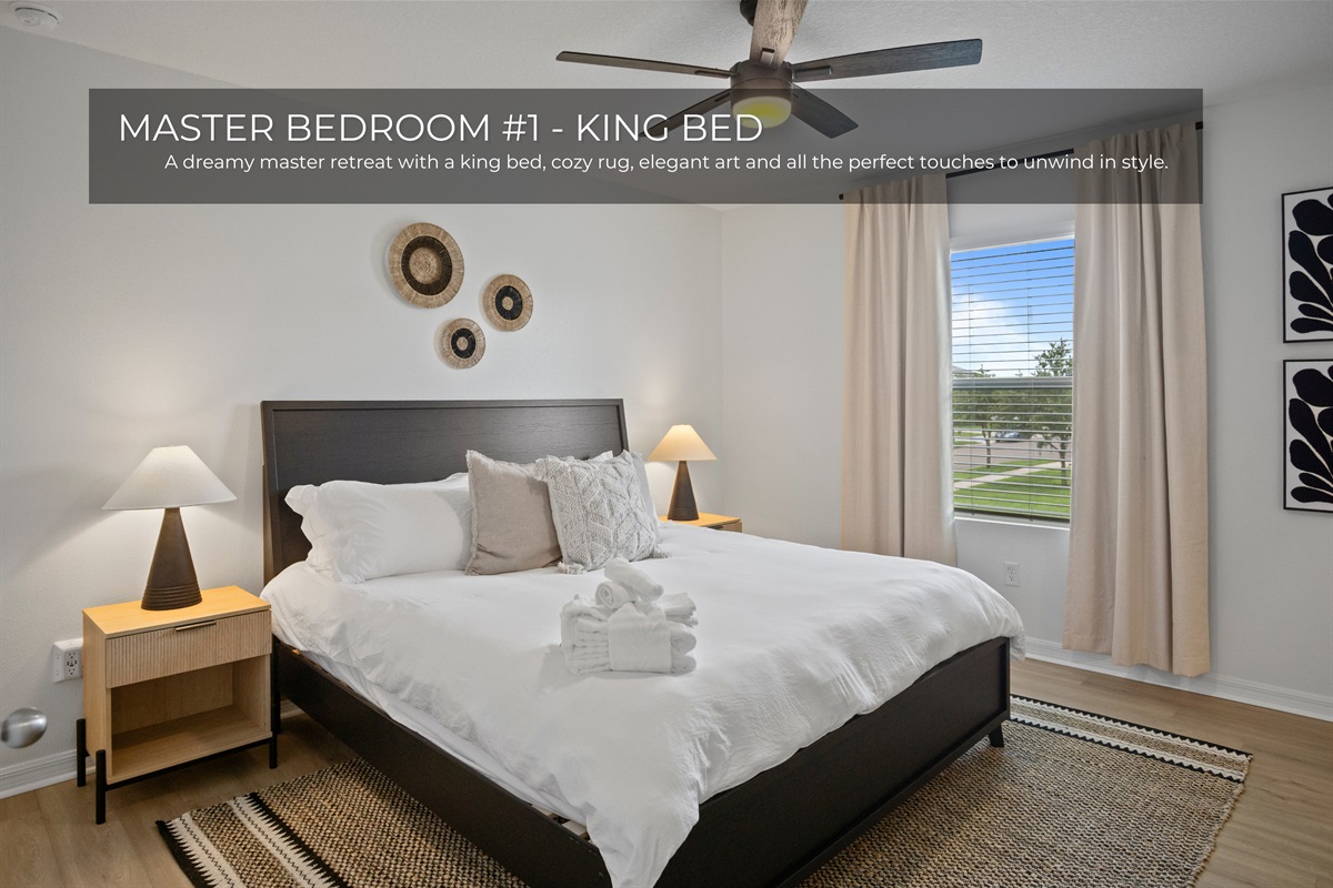 Spacious master suite with king bed and attached bathroom.