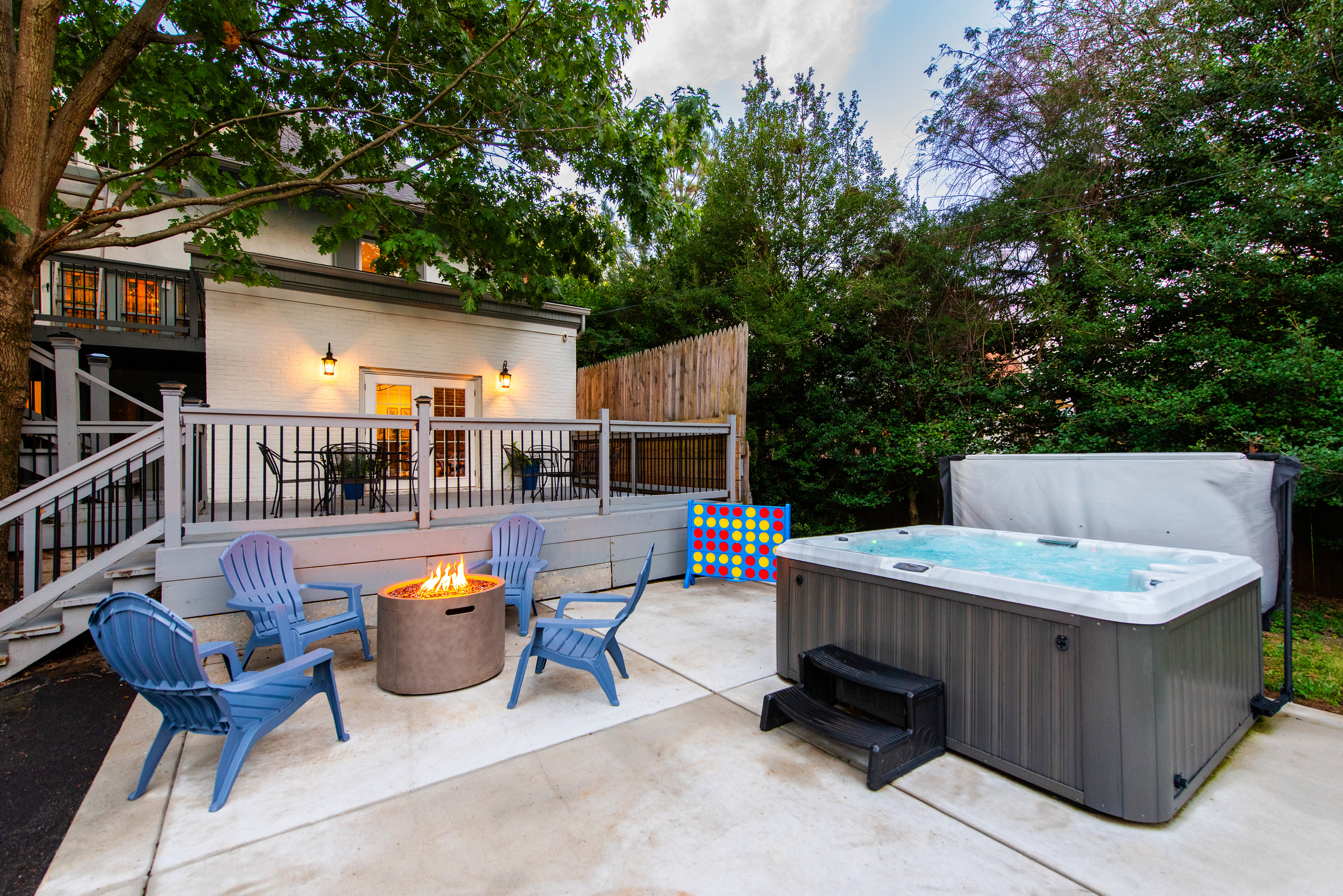 Hot tub, fire pit and back deck area