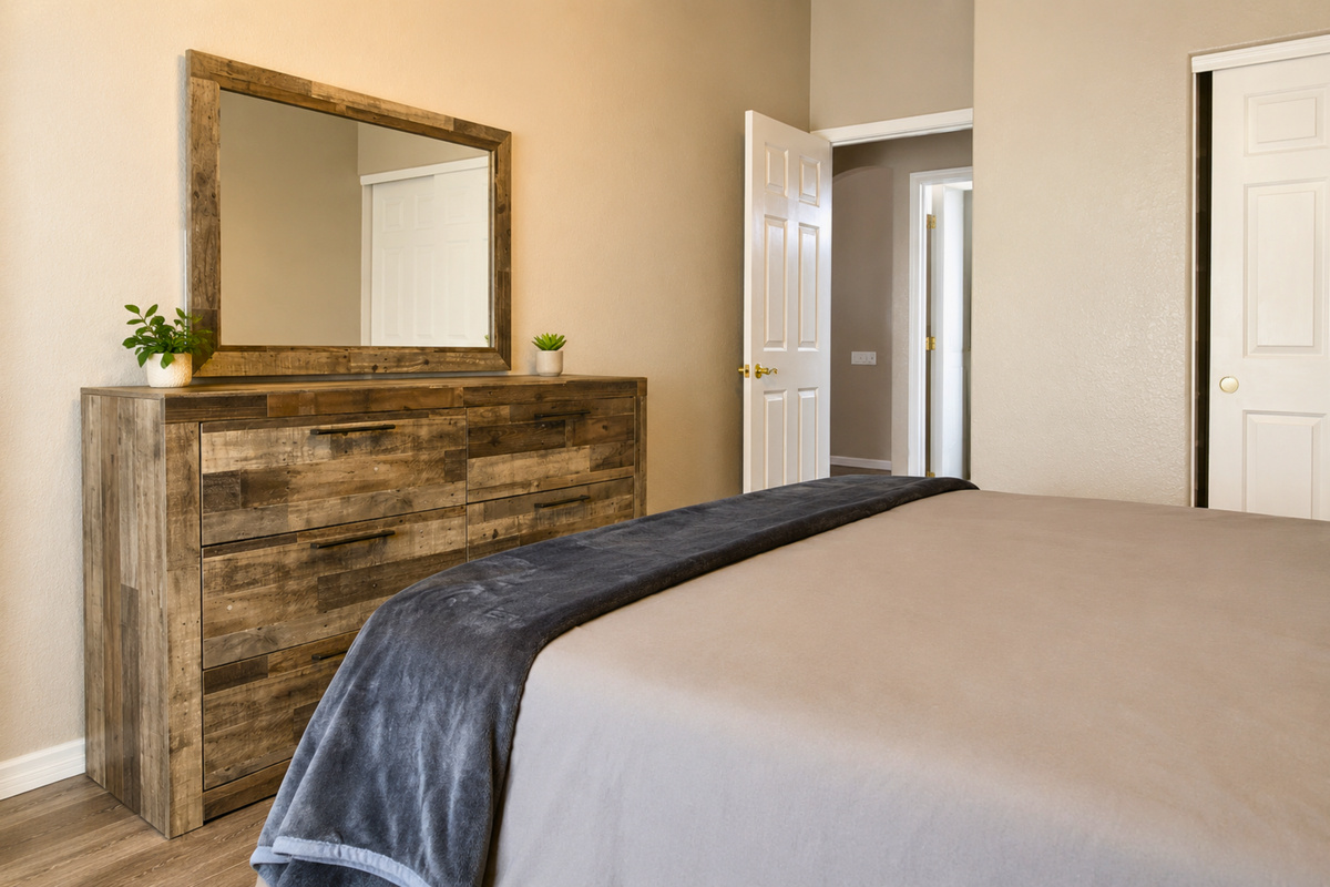 Bedroom #2: Large dresser and closet space for easy unpacking and an organized stay. 