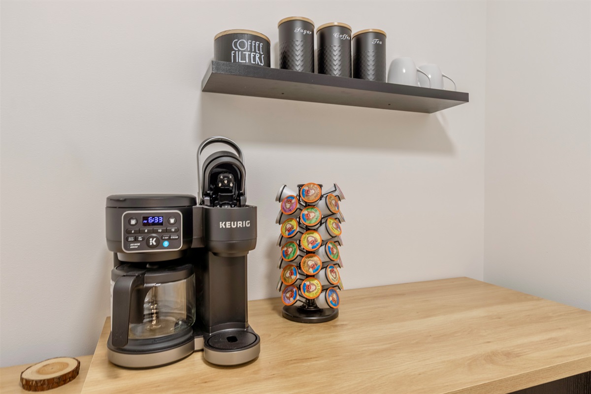 Upstairs pantry area with coffee station, tea and plenty of space for your groceries and coolers during your stay.