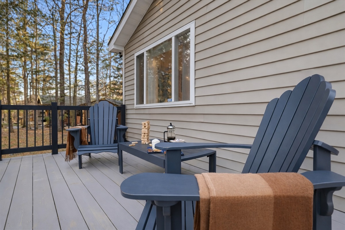 Hang out on the front deck with coffee in the morning or happy hour in the afternoon