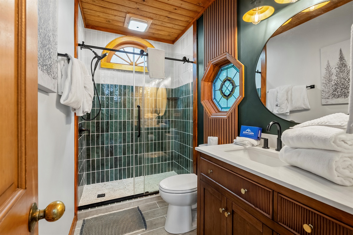 Upstairs bathroom, with beautiful walk in shower and ample towels for everyone