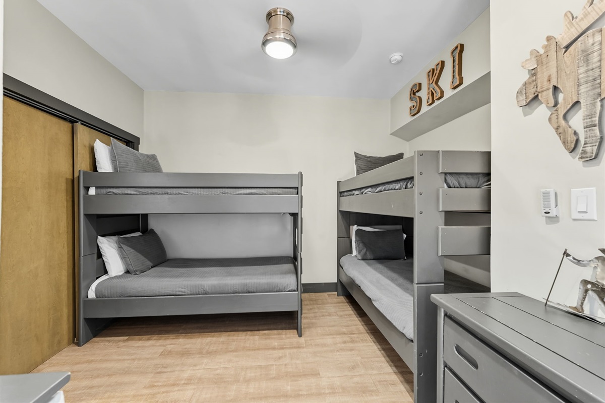 Second level loft bunk room, four twins