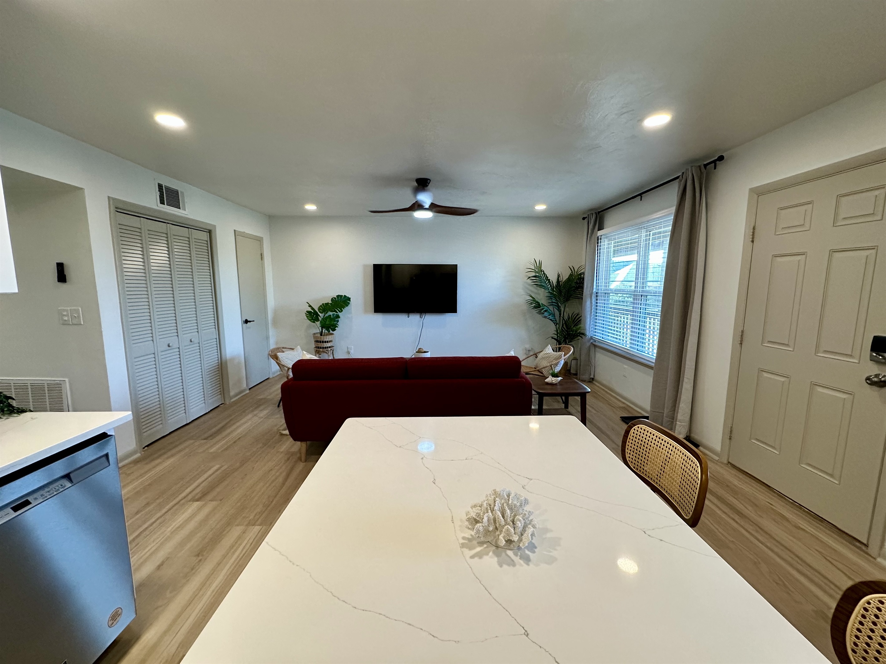 Kitchen opens to living room area