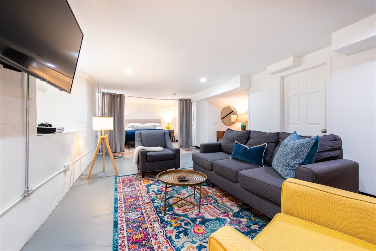 Finished walkout basement with 2 king beds + lounge area