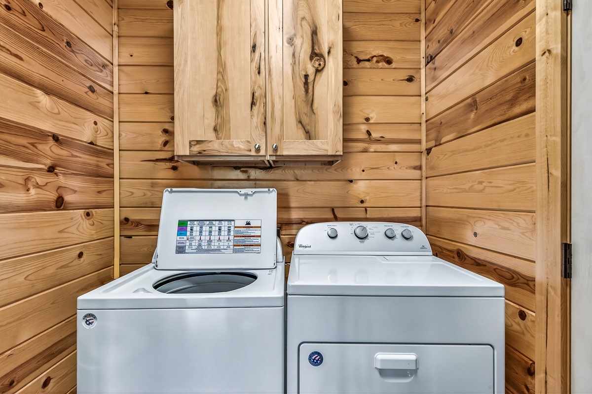 

























































After hiking in the Smoky Mountains, clean the trail clothes in the full washer and seperate dryer on the bottom level. You will need to bring your own detergent.