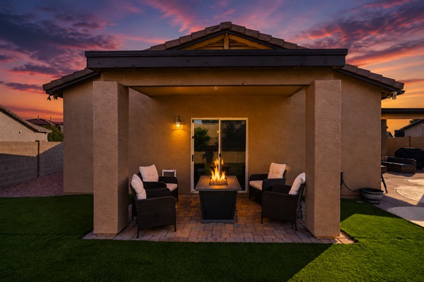 Twilight patio retreat with firelight
