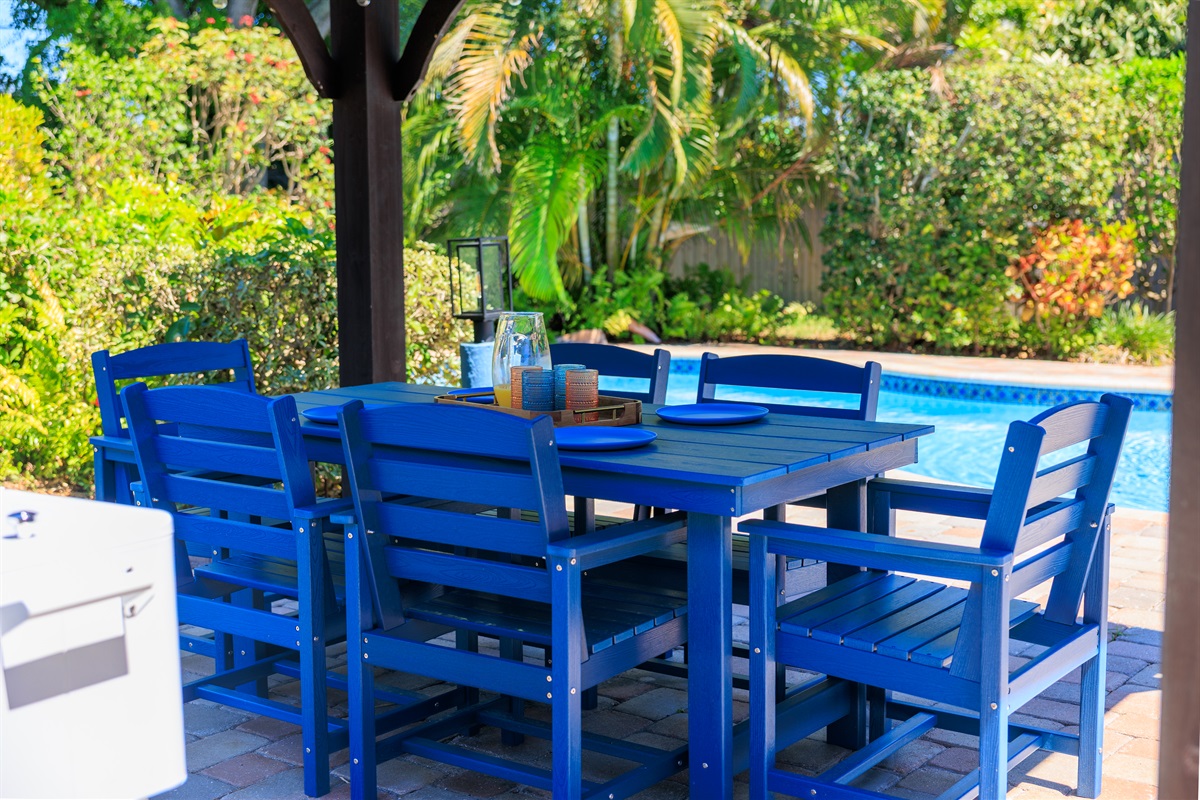 Gather and enjoy a meal by the pool