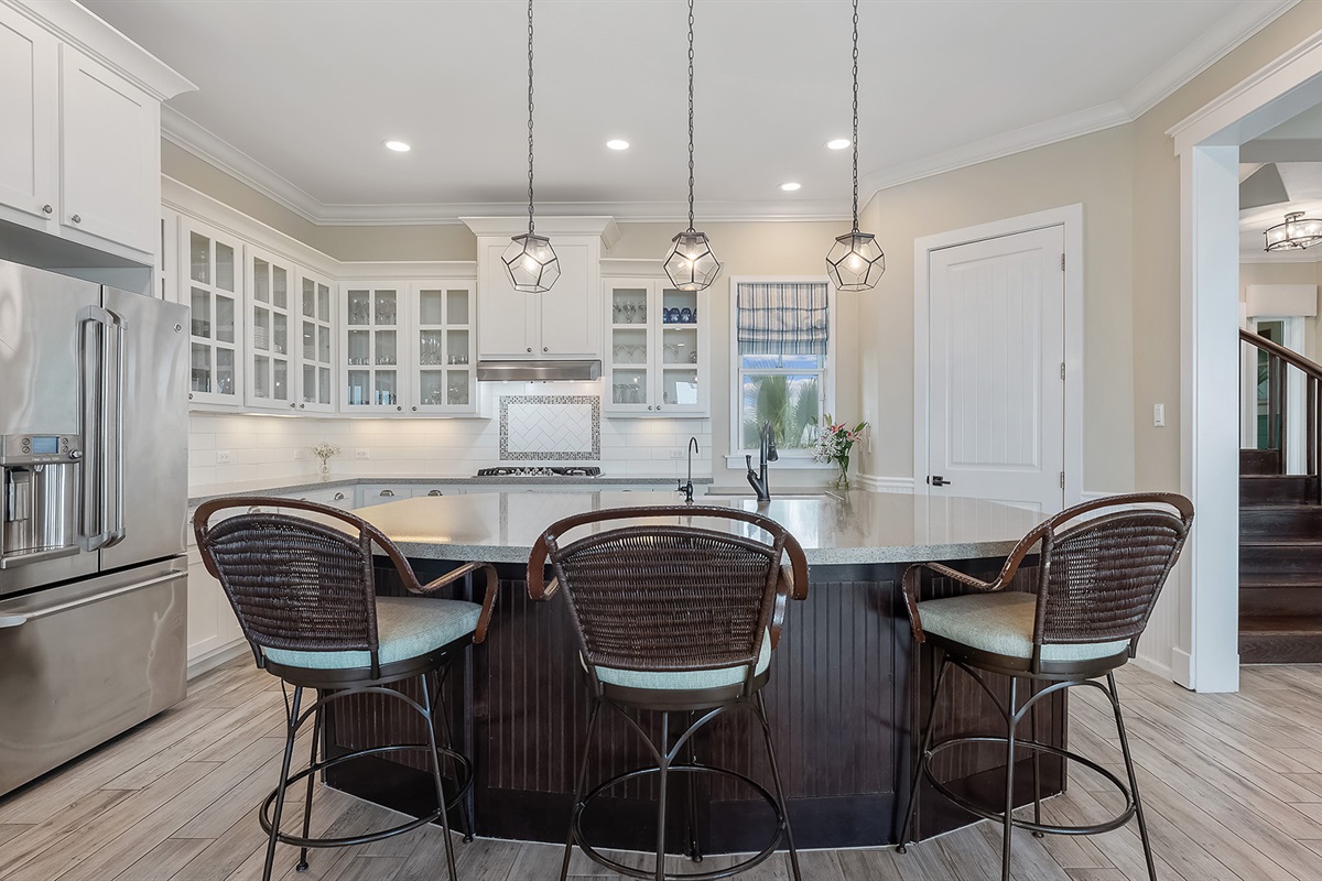 Kitchen: Large refrigerator and plenty of lighting.