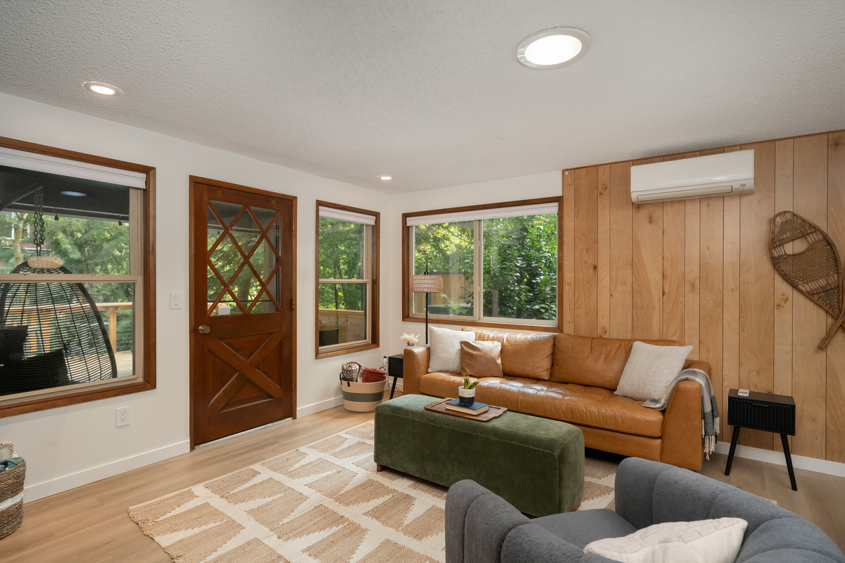 Sink into leather and let the wood-paneled walls set the retro-cabin mood.