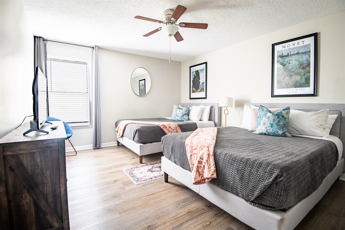 The guest room has two cozy queen beds, a smart TV to stream all your favorites and has been intentionally designed for rest and relaxation.