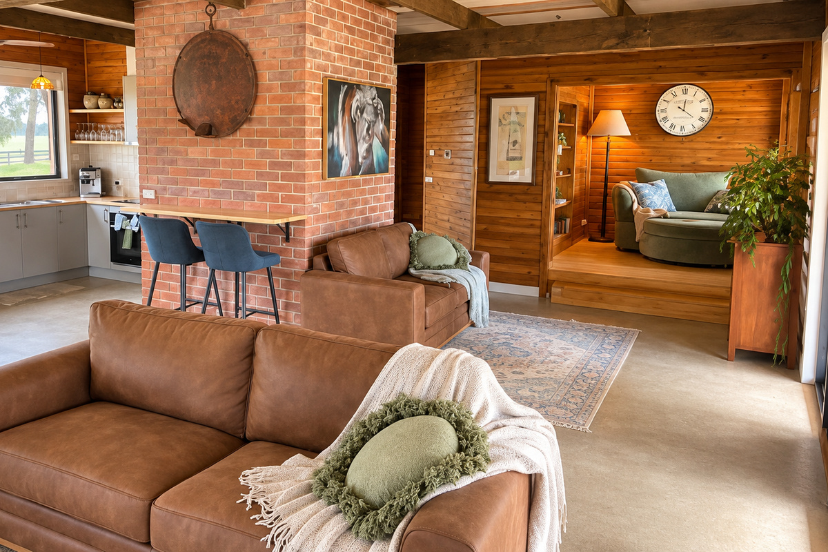 Relax in the warm, inviting open-plan living space at Bob's River House, with rustic timber finishes and plenty of room to unwind.