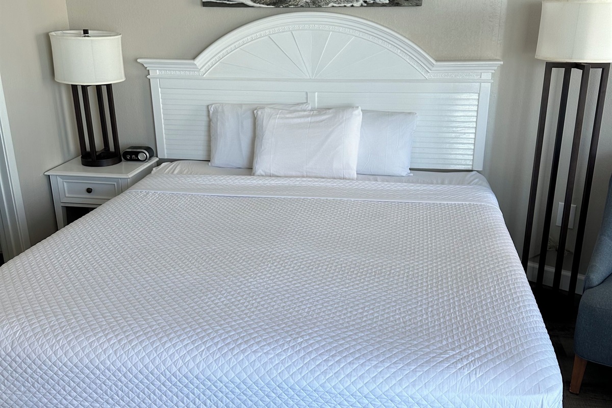 The Master Bedroom features & a stunning oceanfront view with balcony access.