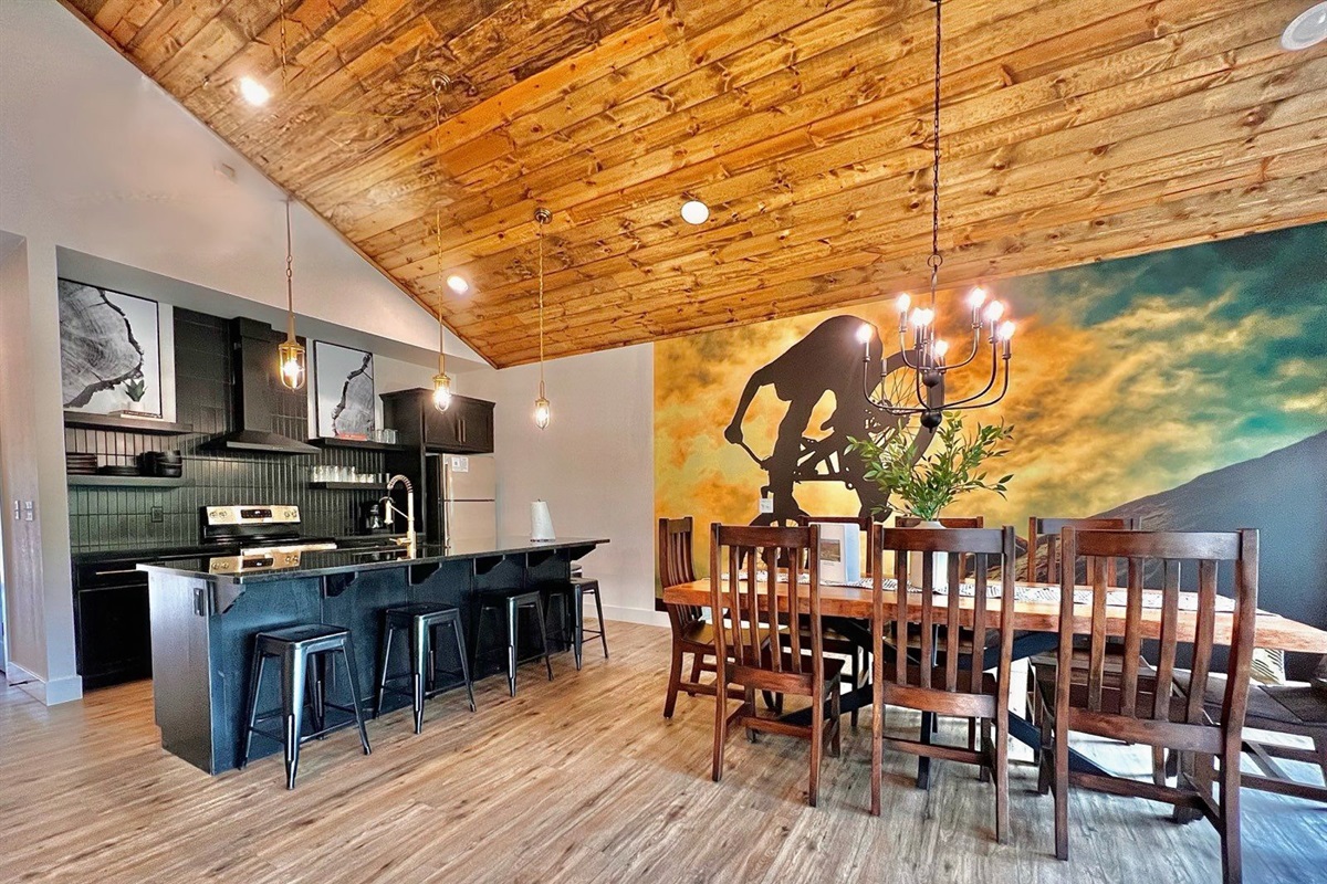 Open kitchen and dining space! Amazing art!
