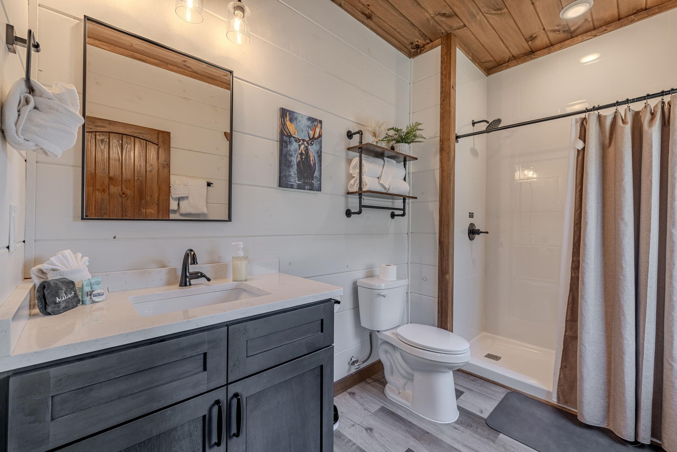 Full bathroom with a spacious vanity and walk-in shower.